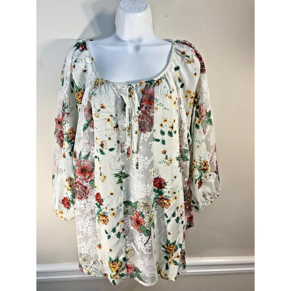 FIG AND FLOWER Tunic Blouse Top Large Floral Lace Boho Fairy Cottagecore